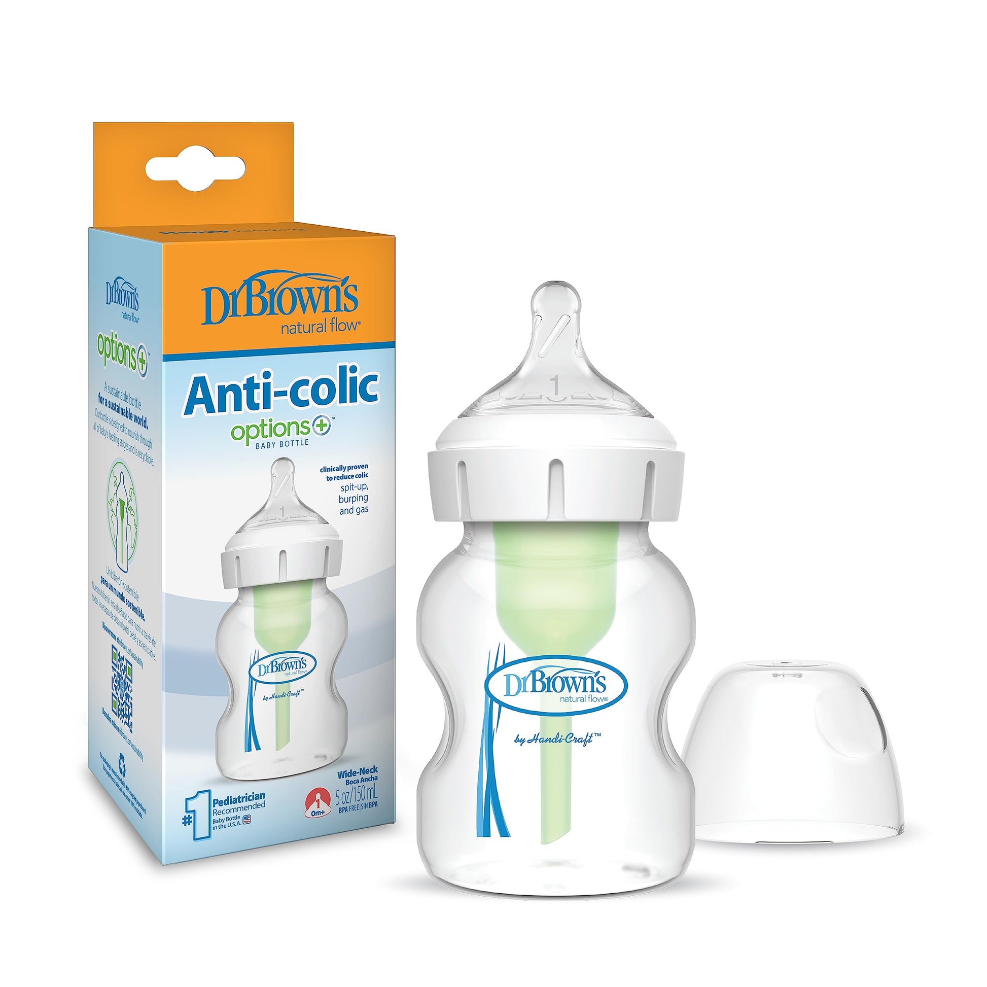 Dr. Brown'S Natural Flow Anti-Colic Options+Wide-Neck Baby Bottle, 5 Oz/150 Ml, Level 1 Nipple, 1-Pack, 0M+