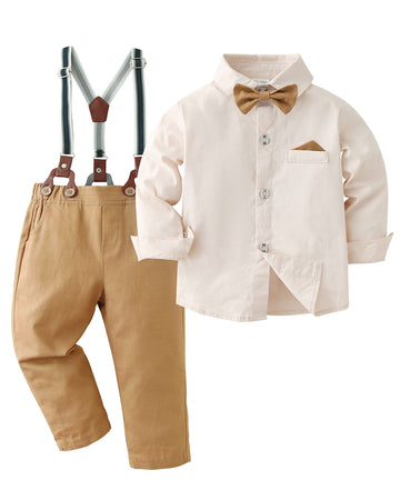 Disaur Boys Wedding Guest Outfit Apricot Brown Long Sleeve Dress Shirt Bow Tie Suspender Pants Back To School Gentleman Clothing
