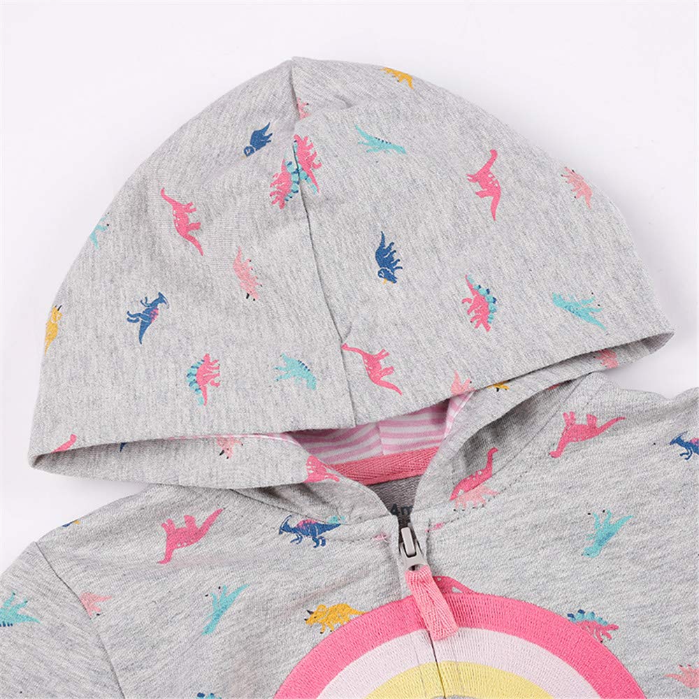 Popshion Toddler Girls Zip Up Rainbow Sweatshirt Winter Jacket Long Sleeve Hooded Coats Dino Shirt Fall Clothes Tops Christmas K