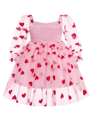 Ibtom Castle Valentines Day Outfit For Baby Girls Mesh Long Sleeve Red Hearts Tulle Tutu Dress Infant First Birthday Flower Girl