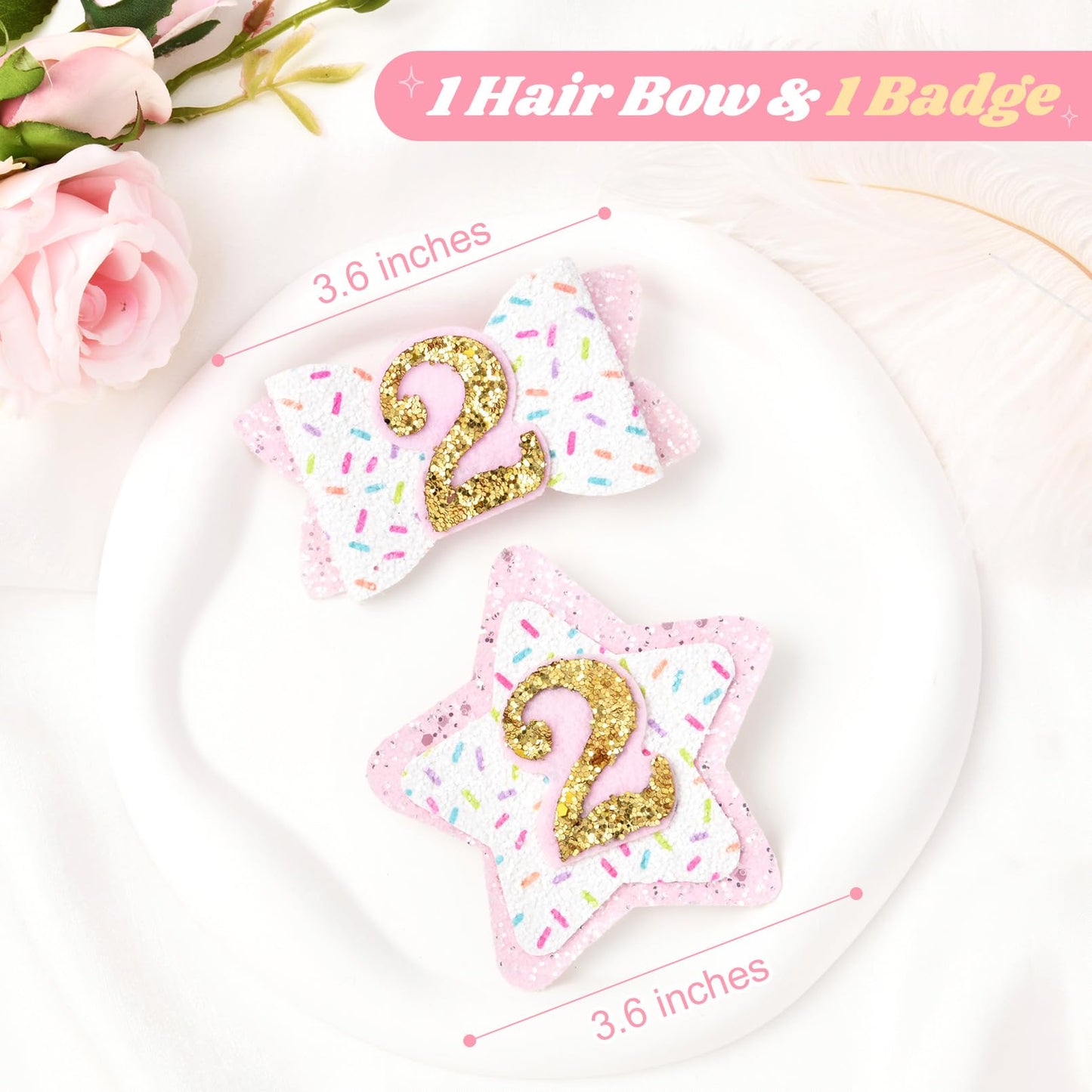 Deeka 2Nd Birthday Hair Bow And Badge Set For Girl - Glitter Pink And White Hair Clips For 2 Year Girl Party Decoration - Toddle