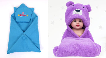 CTMKIDS Baby Wrap with Cap for Kids 74x74 cm  Blue & Baby Hooded Cum Wrap Blanket for Kids 92x66 cm  Purple