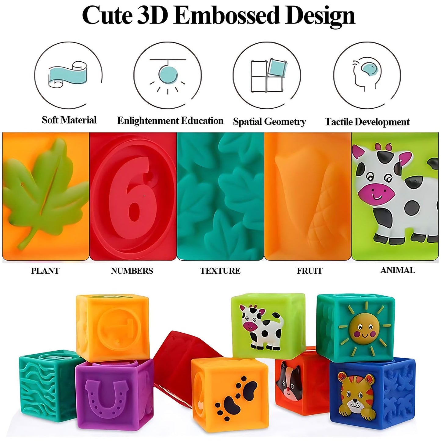 Kingtree Baby Blocks, 9PCS Soft Squeeze Building Blocks Stacking Toys for 6+ Months Babies, Baby Teething Chewing Educational Bl