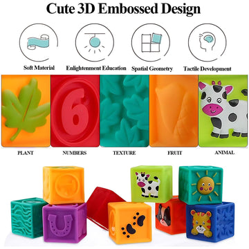Kingtree Baby Blocks, 9PCS Soft Squeeze Building Blocks Stacking Toys for 6+ Months Babies, Baby Teething Chewing Educational Bl