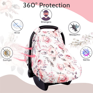 Carseat Cover Girls, Floral Baby Carseat Canopy With Zipper Mesh, Infant Stroller Cover, Watercolor Pink Flower