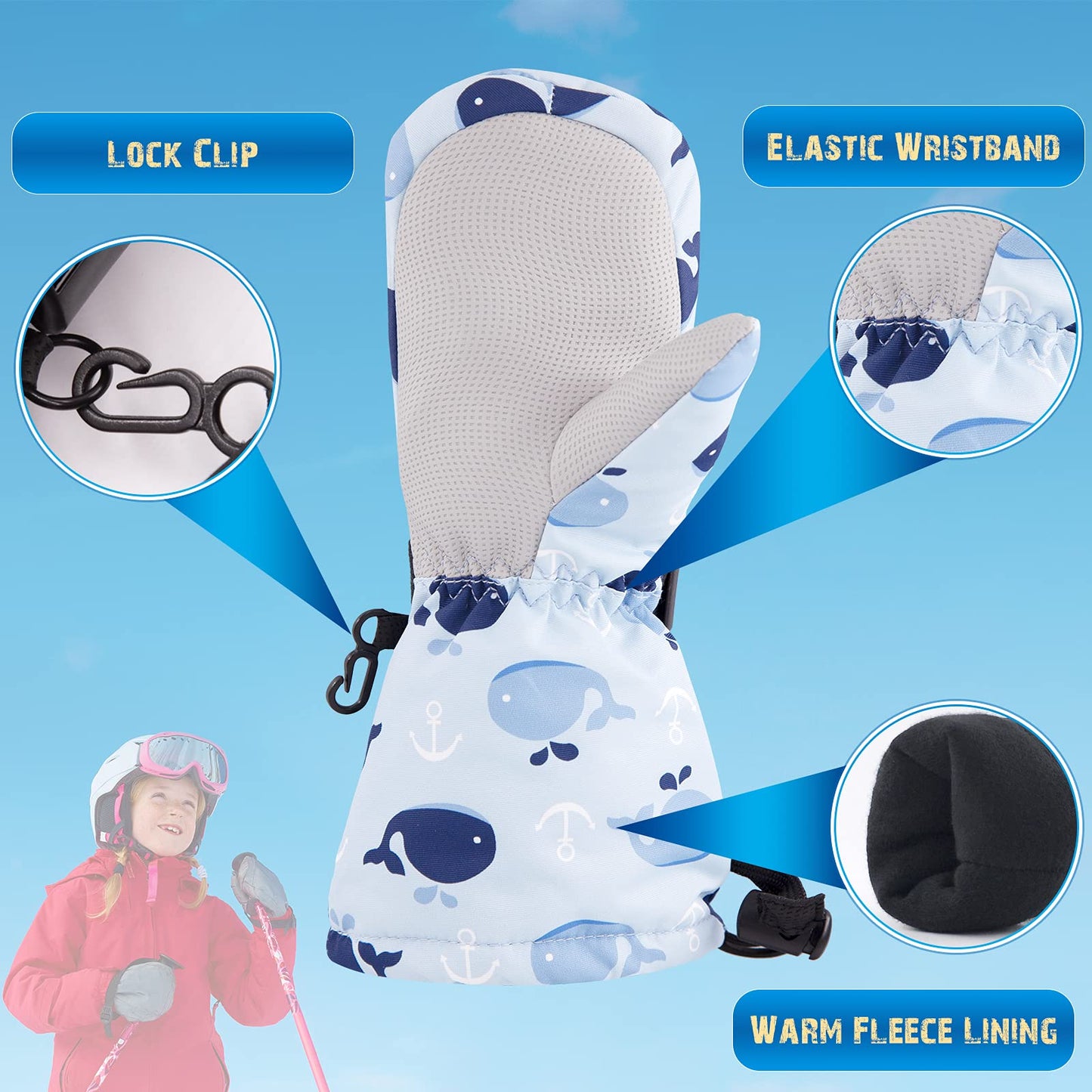 Winter Kids Waterproof Gloves For Boys Girls Snow Ski Toddler Baby Mittens Outdoor For Infant Teens 1-5T (N-Blue Whale, M(2-4T))