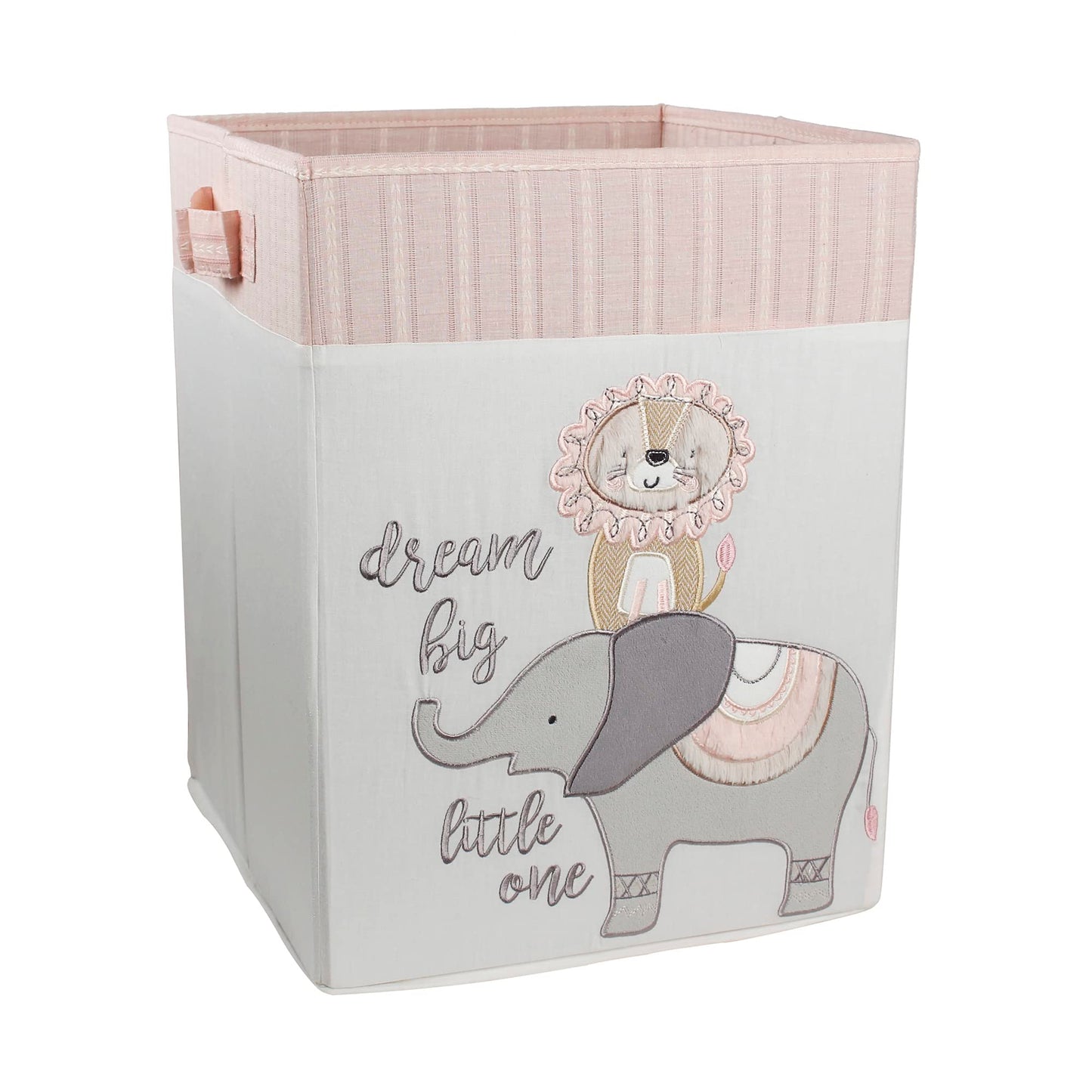 Levtex Baby - Imani Nursery Hamper - Rectangle Fabric Hamper - Elepahnt And Lion - Grey, Cream, Taupe, Pink - Nursery Accessorie