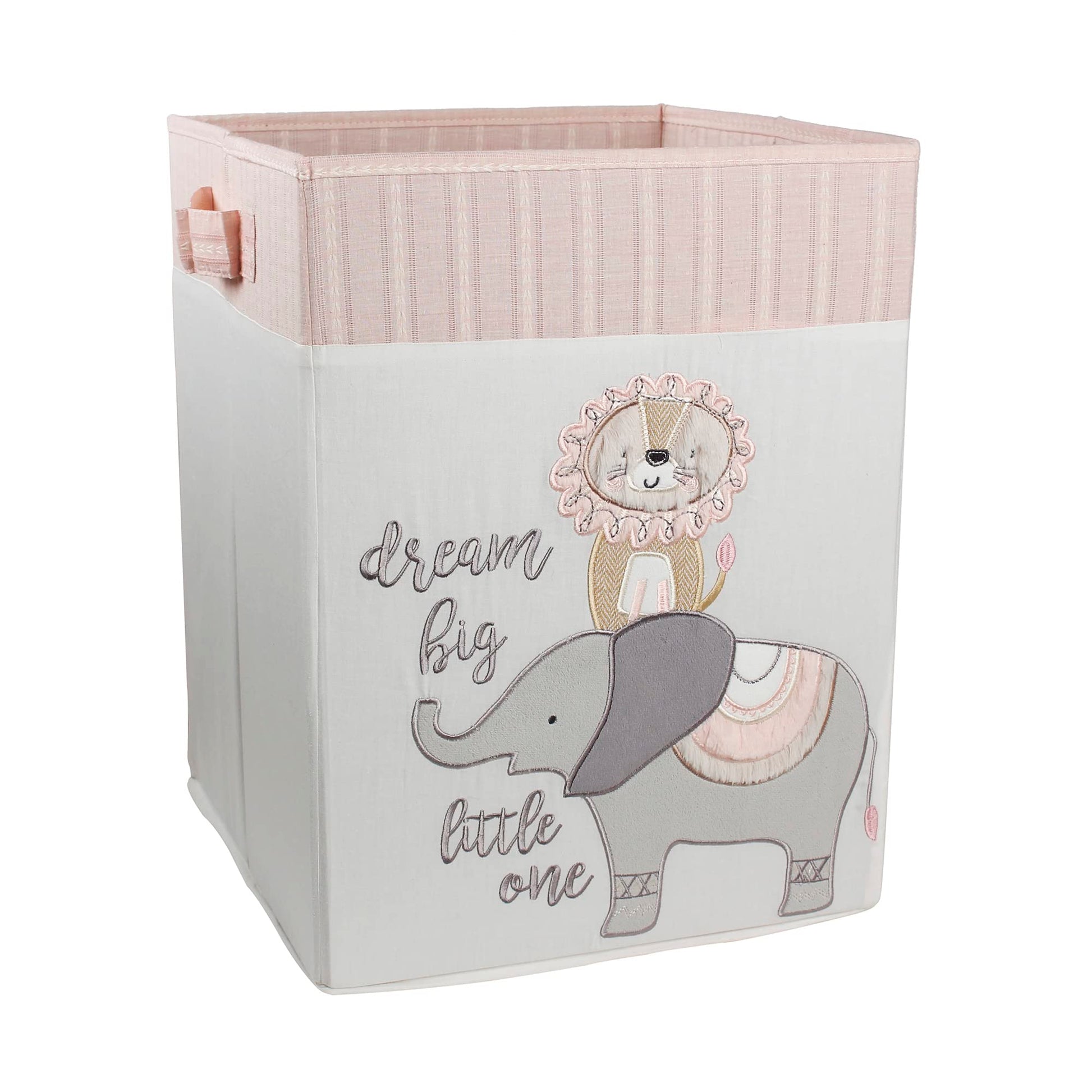 Levtex Baby - Imani Nursery Hamper - Rectangle Fabric Hamper - Elepahnt And Lion - Grey, Cream, Taupe, Pink - Nursery Accessorie