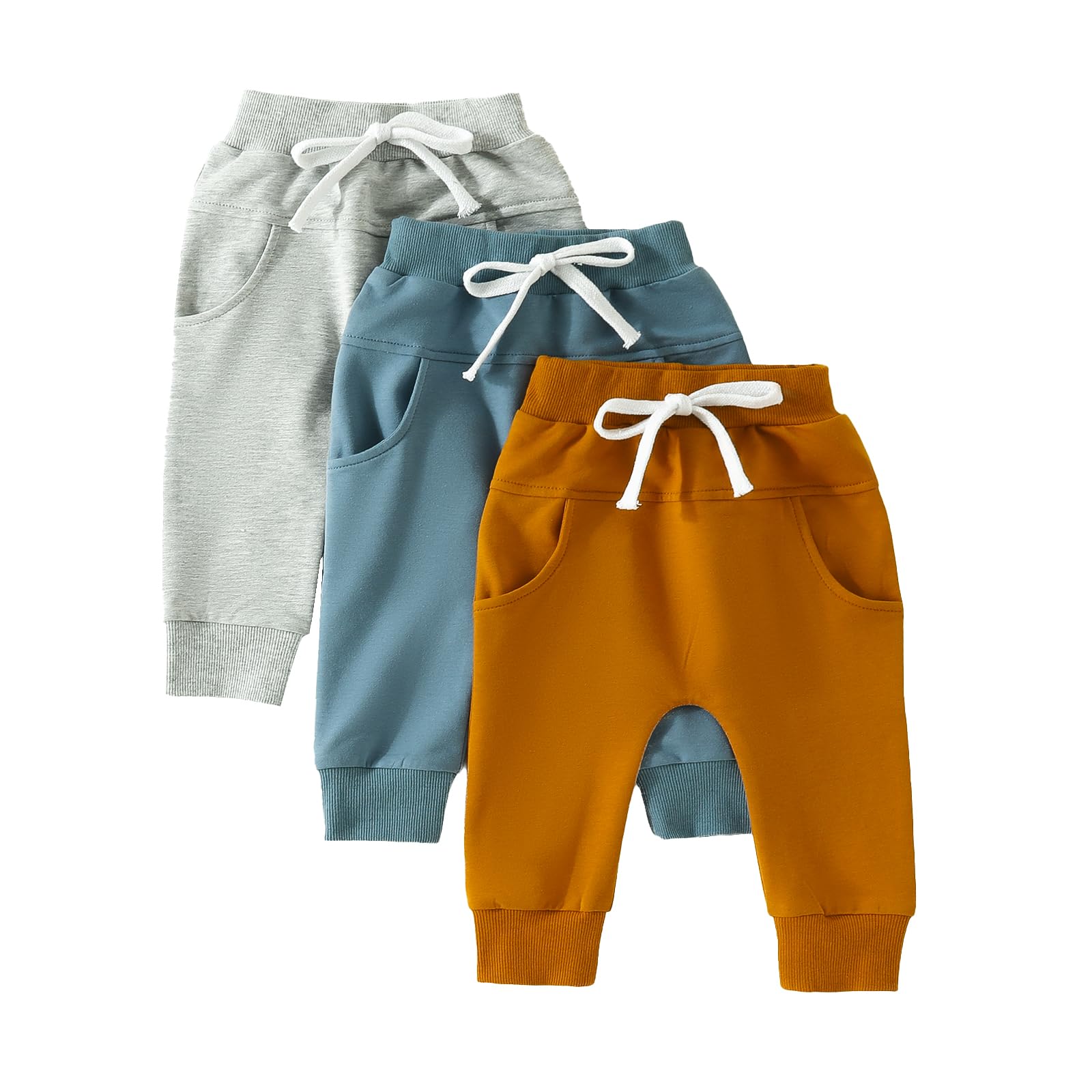 Toddler Boys Harem Pants 3 Pack Drawstring Active Joggers Pants Bottoms Infant Baby Ribbed Knit Crawling Sweatpants (3 Pack Blue