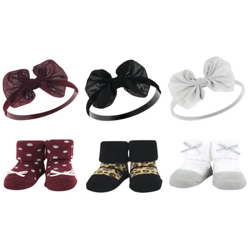 Hudson Baby Baby Girls' Headband And Socks Giftset, Burgundy Leopard, One Size