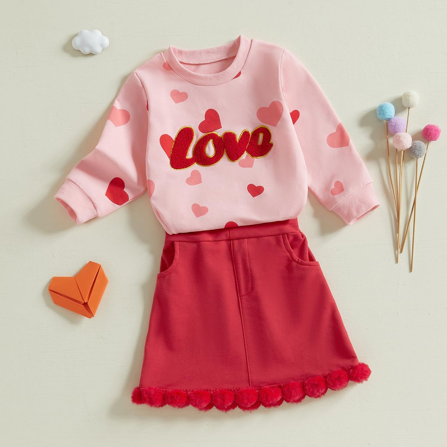 Toddler Girl Valentines Day Outfit Love Heart Sweatshirt Long Sleeve Shirts And Red Pom Pom Skirt Set Spring Clothes (Red Love H