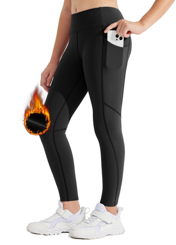 Willit Girls Fleece Lined Leggings Pants with Pockets Water Resistant Thermal Tights, Black, XSmall