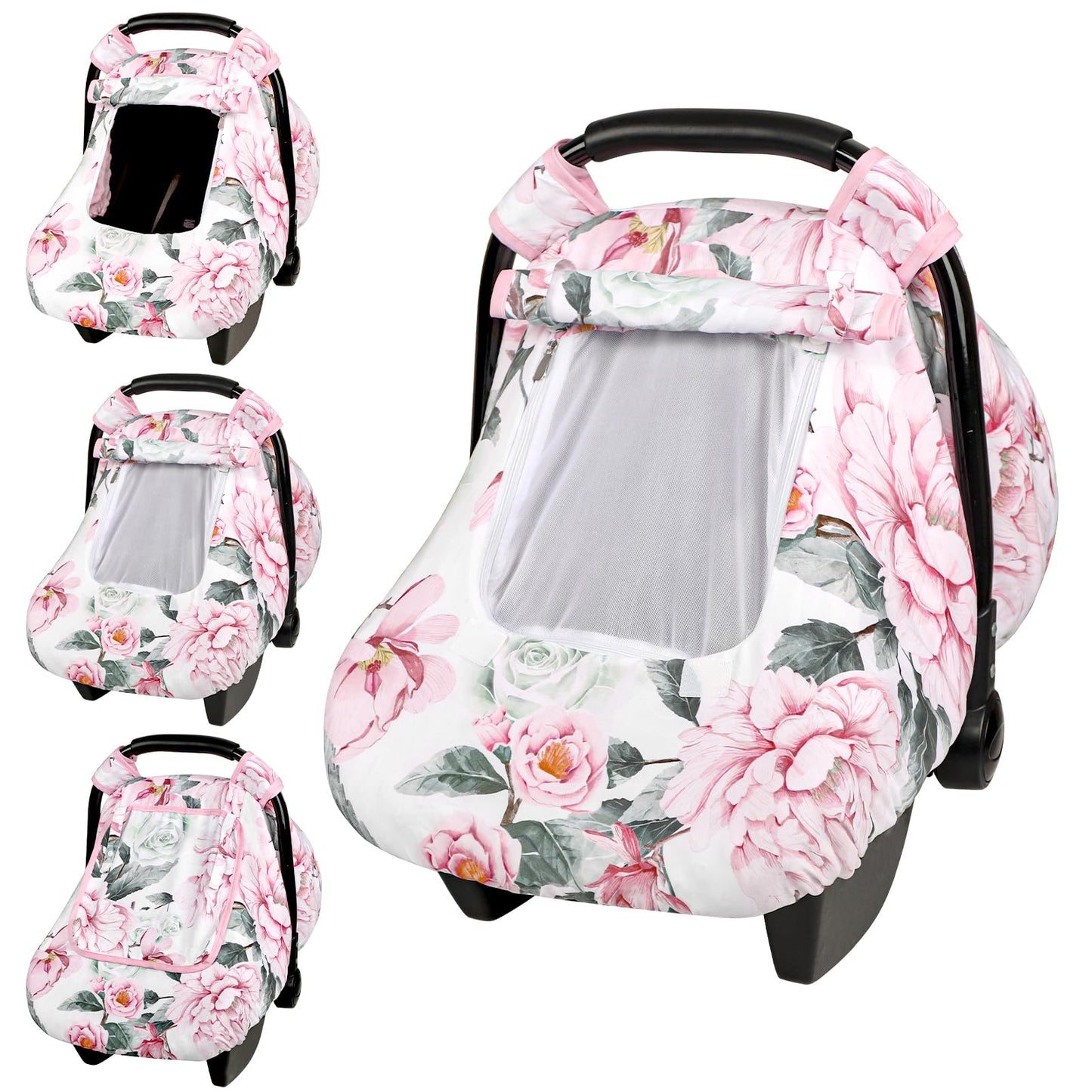 Pea Pod Car Seat Cover for Baby Girls, Floral Infant Car Seat Canopy Cover for Newborn, with 2 Layers Windows of Breathable Mesh