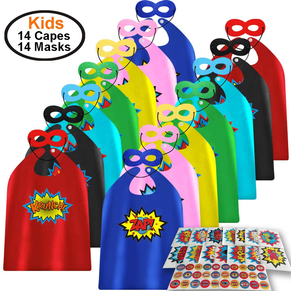 Adjoy Children Superhero Capes And Masks 14 Sets With Superhero Stickers - Kids Birthday Party Dress Up Capes