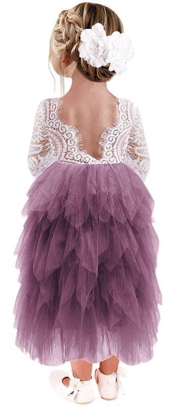 2Bunnies Girl Peony Lace Back A-Line Tiered Tutu Tulle Flower Girl Dress (Mauve Long Sleeve Maxi, 6)