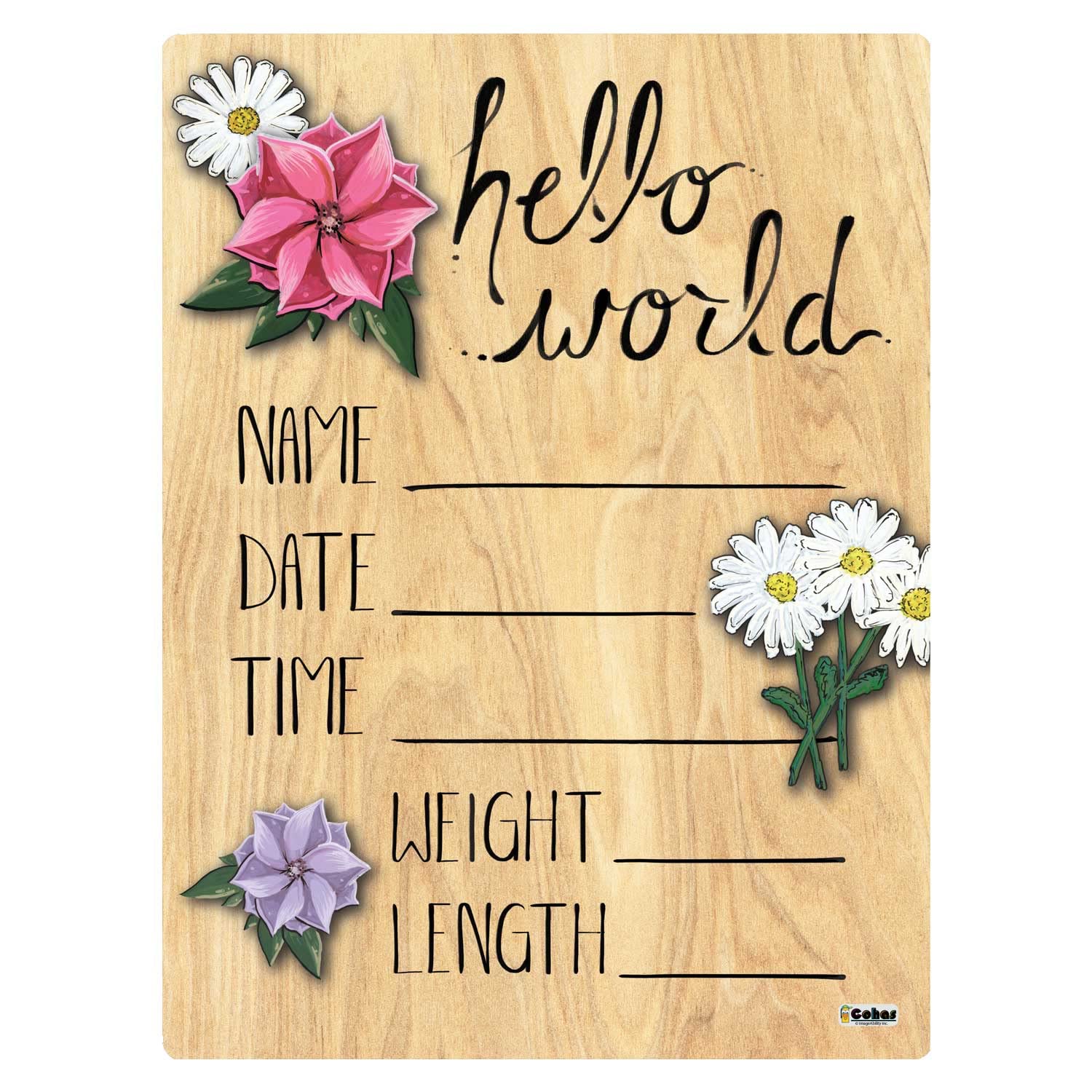 Cohas Hello World Newborn Baby Announcement Printed Wood Sign With Mixed Flower Theme, 9 By 12 Inches, No Marker