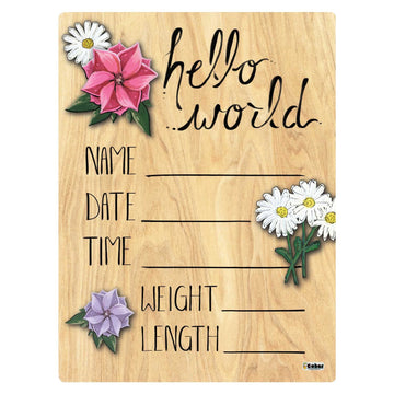 Cohas Hello World Newborn Baby Announcement Printed Wood Sign With Mixed Flower Theme, 9 By 12 Inches, No Marker