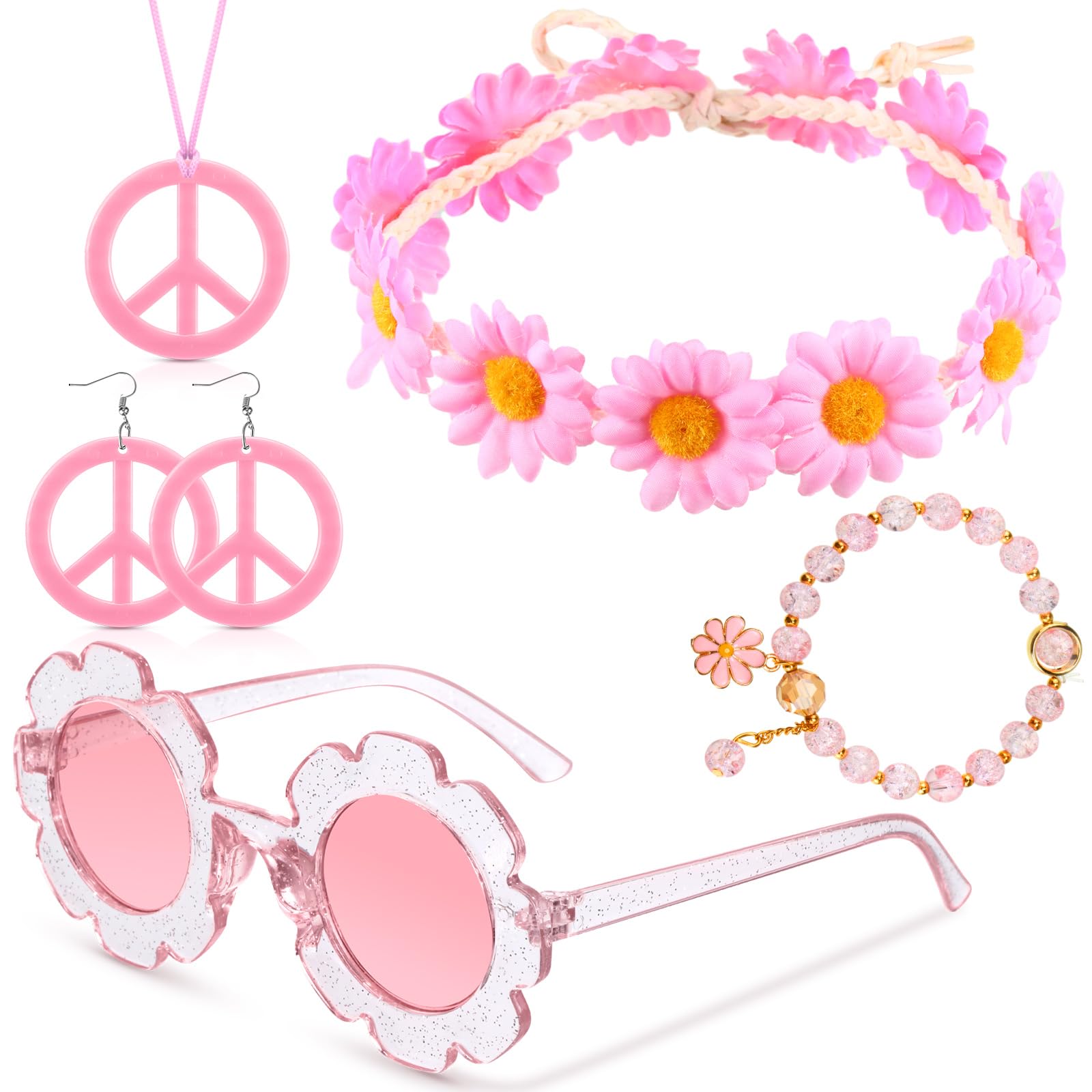 Tondiamo 5 Pcs Kids Hippie Costume Accessories 60s 70s Toddler Girl Outfit Boho Peace Sign Daisy Flower for Halloween Cosplay(Li