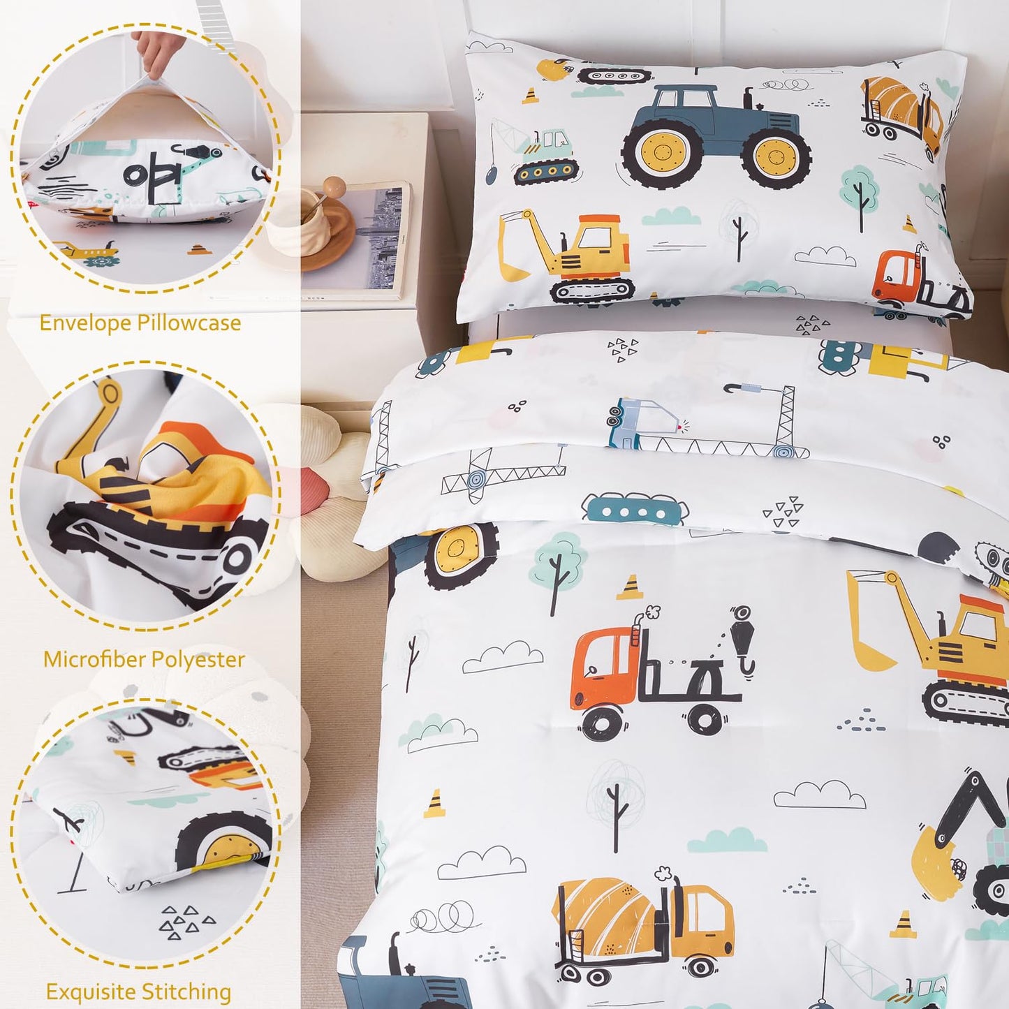 Perfemet Car Printed Toddler Comforter Set, 4 Pieces Toddler Bedding Sets For Boys, Reversible Tractors Pattern Teen Boy Bed In