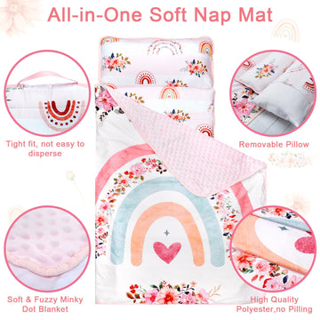 Toddler Nap Mat With Removable Pillow And Soft Dot Minky Blanket Pea Pod Kids Rainbow Floral Napping Mats Extra Large Rolled Slu