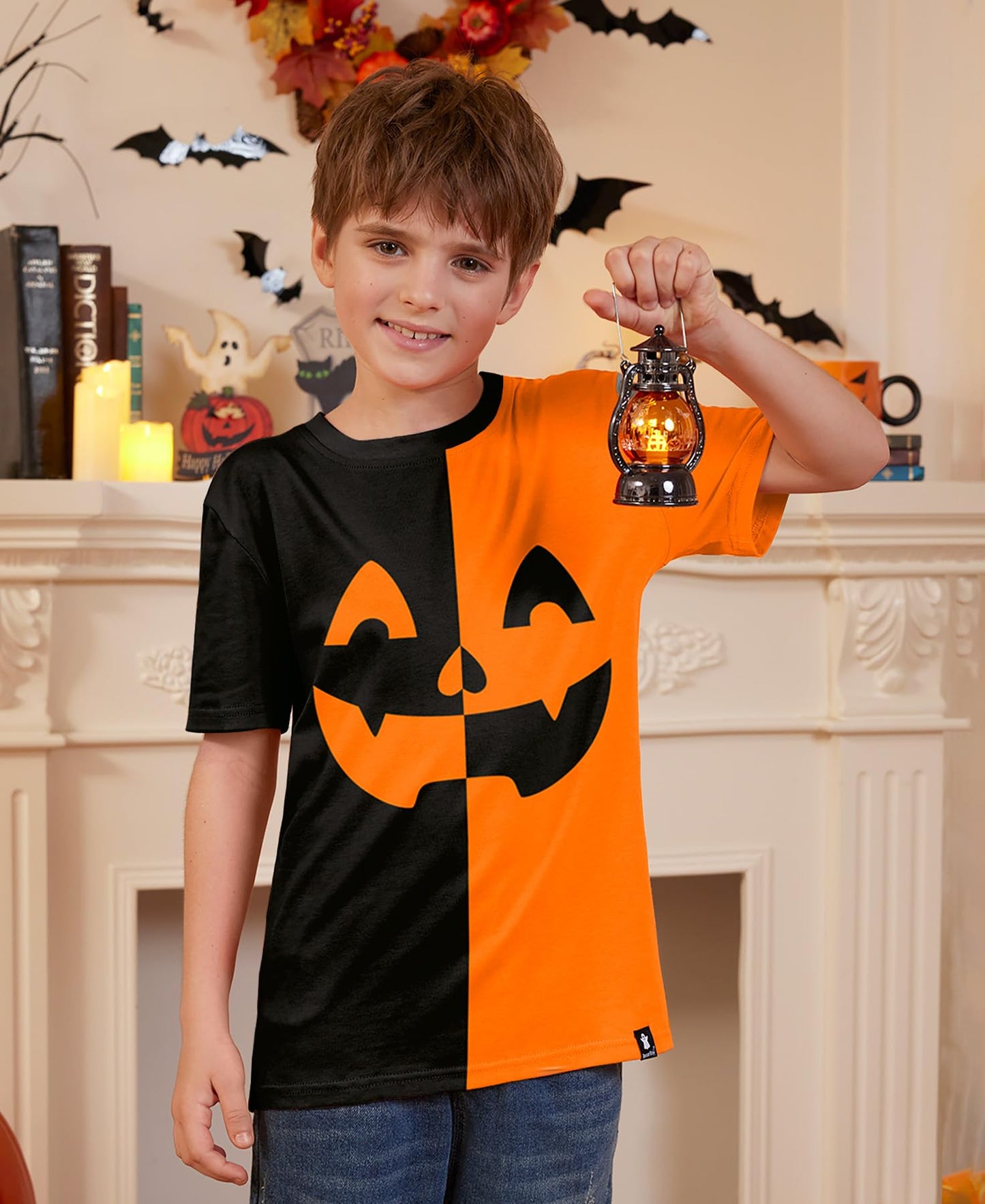 Halloween Little Boys Orange Black Pumpkin Face Jack O' Lantern Shirt Funny Short Sleeve Top 6 Years