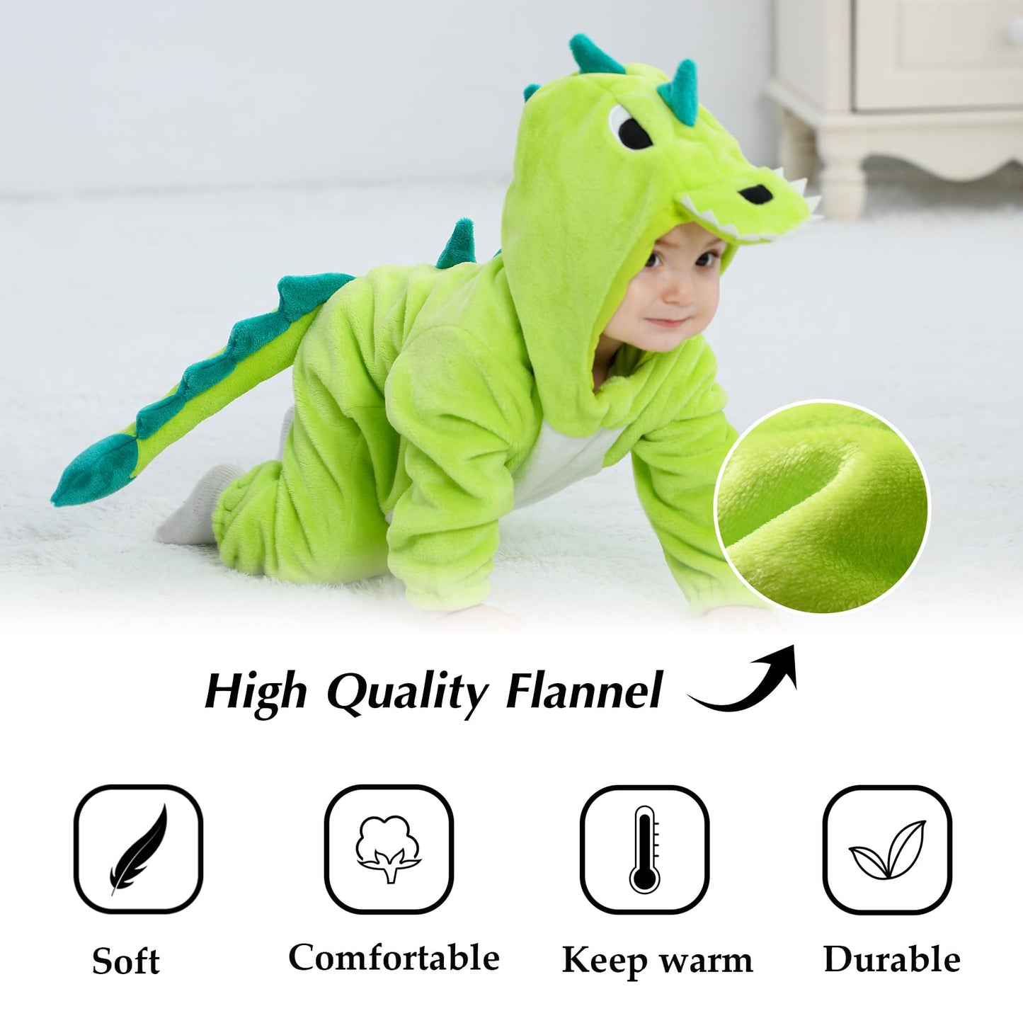 Tonwhar Unisex Baby Animal Halloween Costume Kid'S And Toddler'S Autumn Winter Outfits Jumpsuit(2-3T,Light Green Dino)