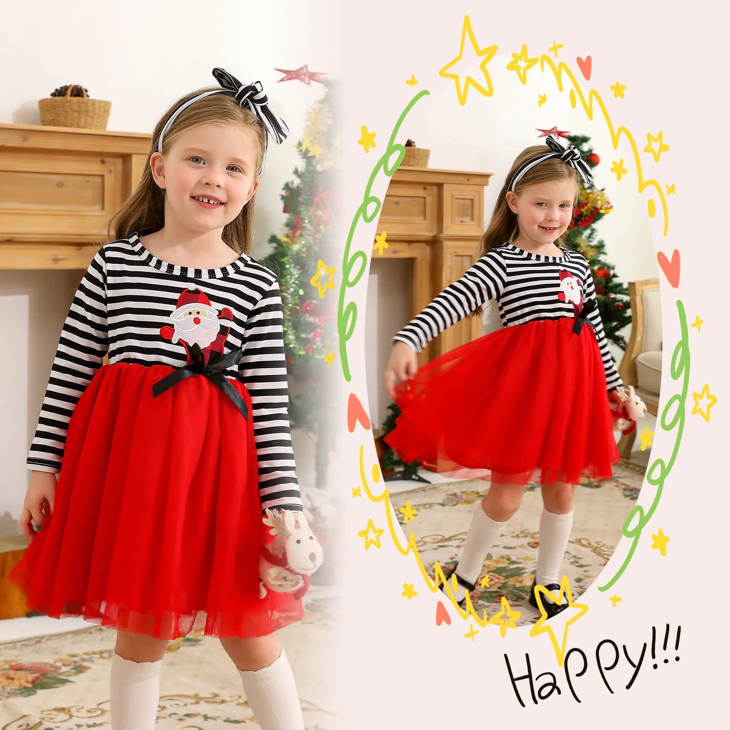 Mamami 2Pcs Toddler Baby Girl Christmas Dress Cotton Long Sleeve Santa Prints Christmas Princess Tutu Dress+Headband 6M-6T(4-5T,