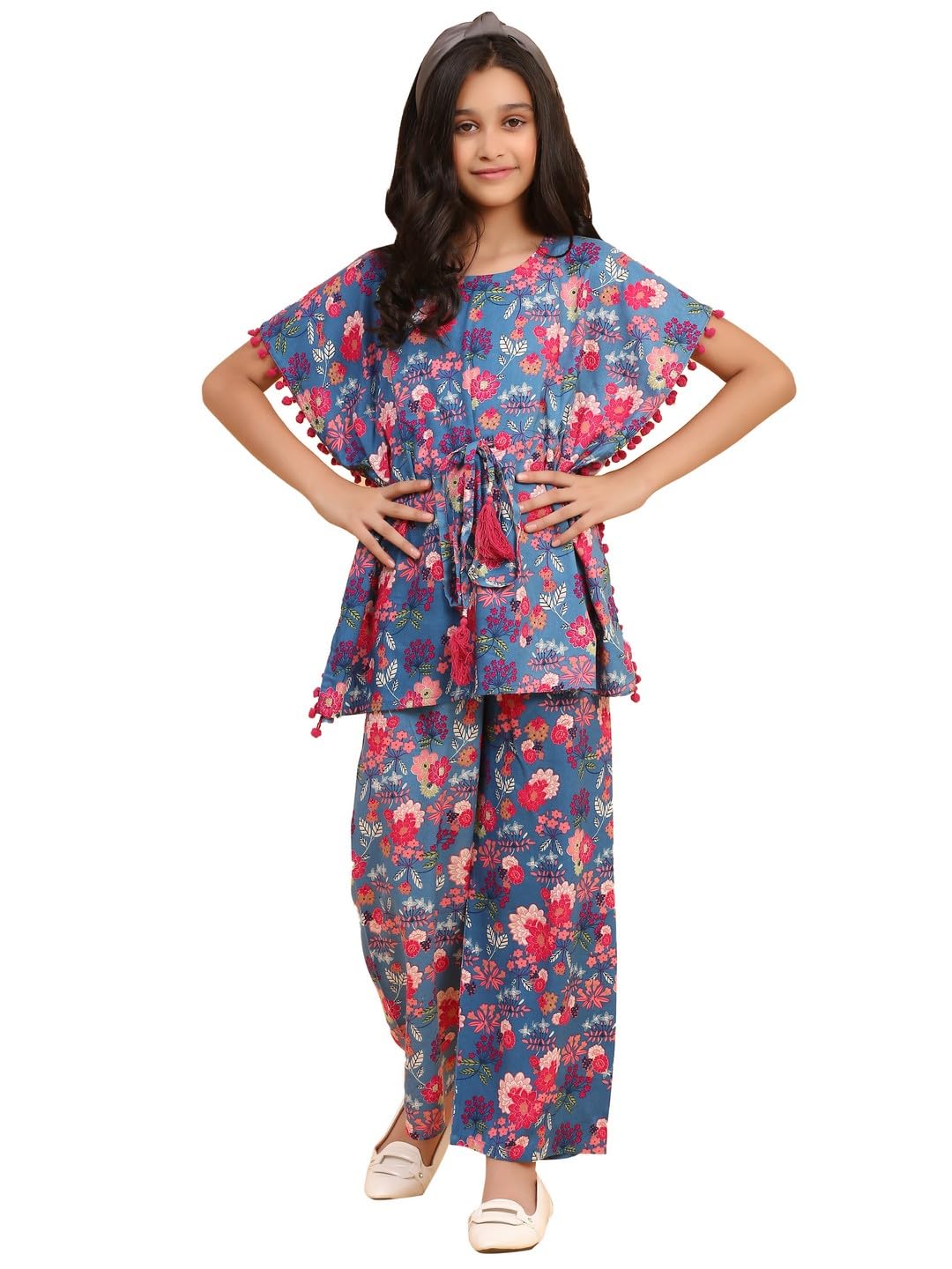 Ninos Dreams Girls Cotton Kaftan with Palazzo Set Blue Pink Floral