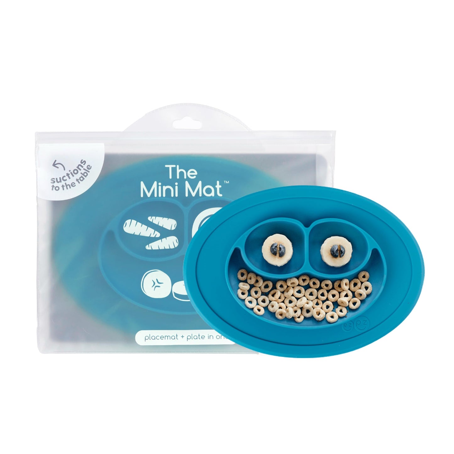 ezpz Mini Mat (Blue) - 6 -12 Months+ - 100% Silicone Suction Placemat + Divided Plate with Three Compartments - Supports Baby-Le