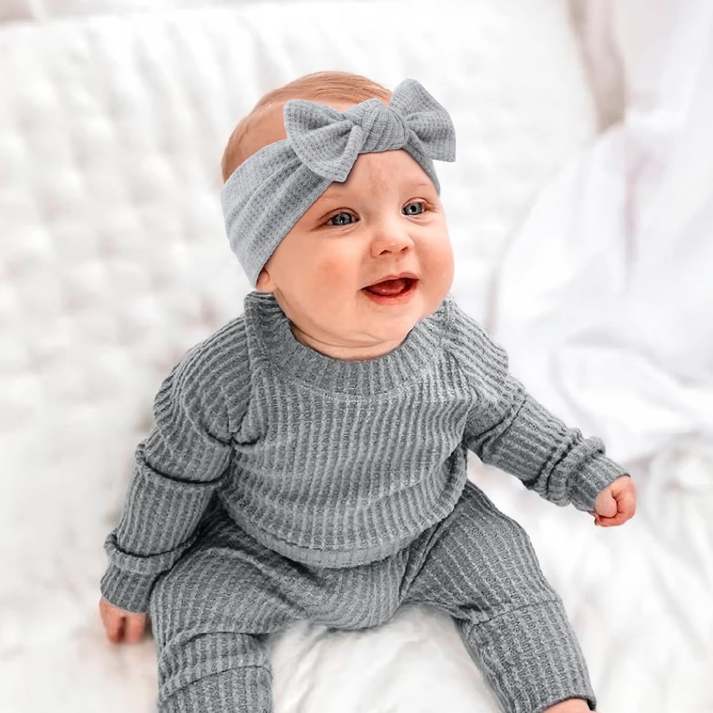 Oneninedream 4 ' Baby Girls Hairband With Bows - 3Pcs Gray White Beige (Handmade Soft Headwraps Baby Hair Accessories For Infan