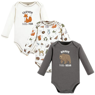 Touched By Nature Unisex Baby Organic Cotton Long-Sleeve Bodysuits, Boy Woodland Alphabet, 0-3 Months