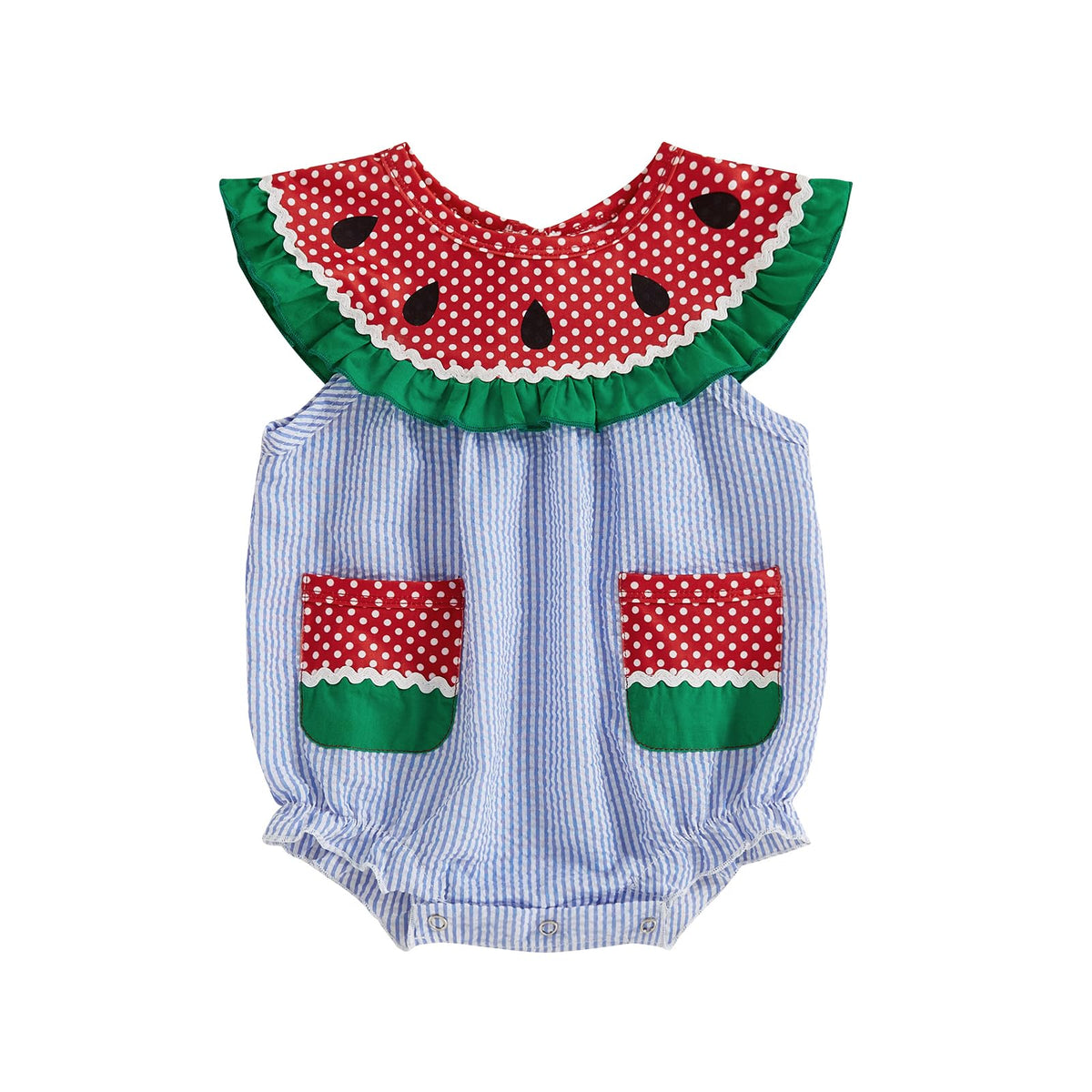 Motlapol Baby Girl Watermelon Romper Sleeveless Ruffle Smocked Bubble Bodysuit With Pockets Cute One Piece Summer Outfits, Blue,