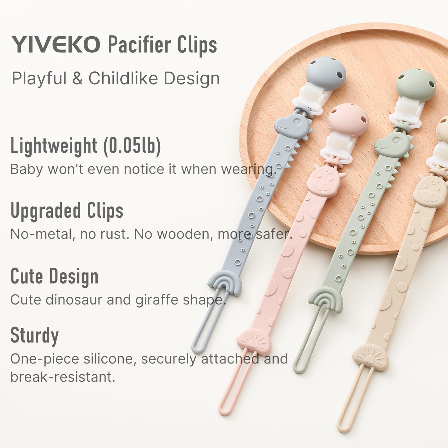 Yiveko Pacifier Holder Clips For Baby - Silicone Paci Binky Clips 4Pcs - Animal Design Rainbow-Ivory+Blush