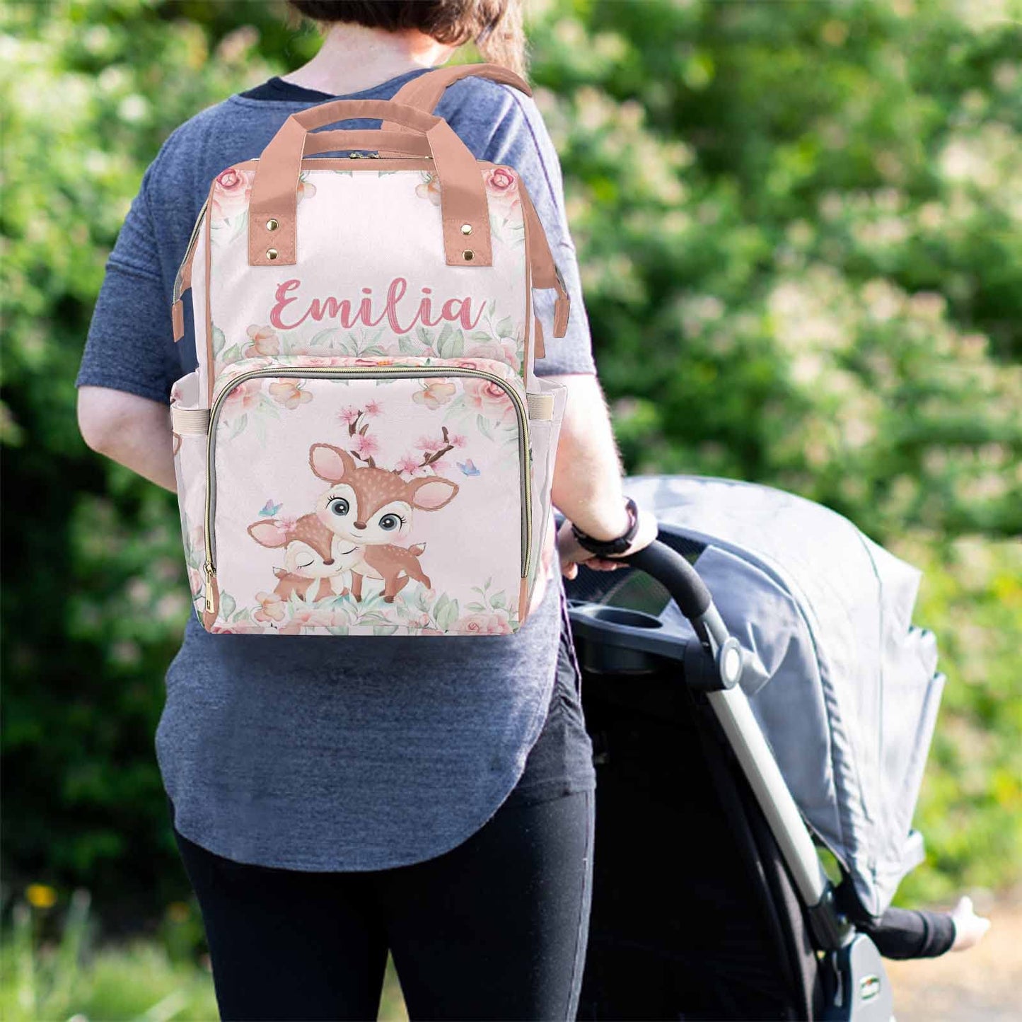 M Yescustom Customized Cute Deer Diaper Bag With Name, Personalized Pink Floral Waterproof Mommy Nursing Nappy Backpack With Lar