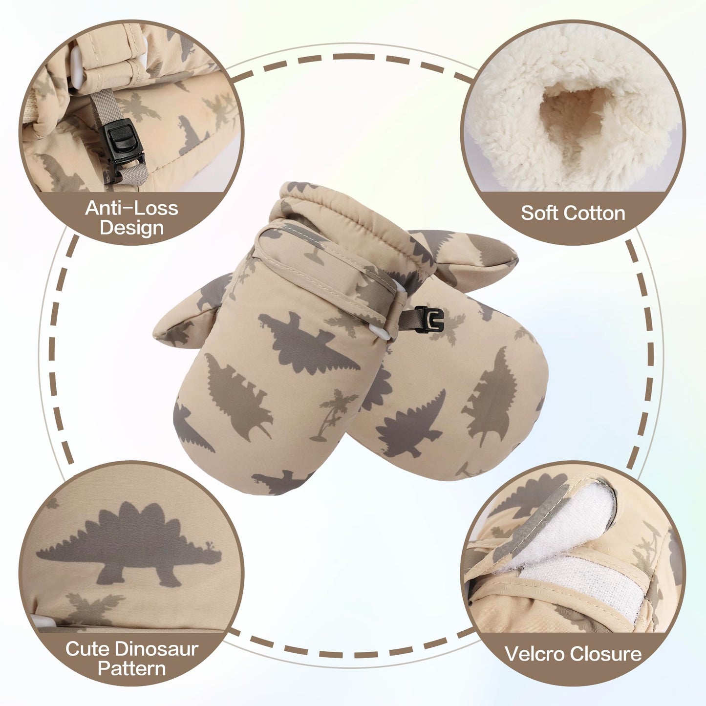 Fynnsure Toddler Mittens Baby Waterproof Snow Gloves Kids Ski Snow Gloves Cold Weather Mittens For Boys Girls Khaki Dinosaur 4-6