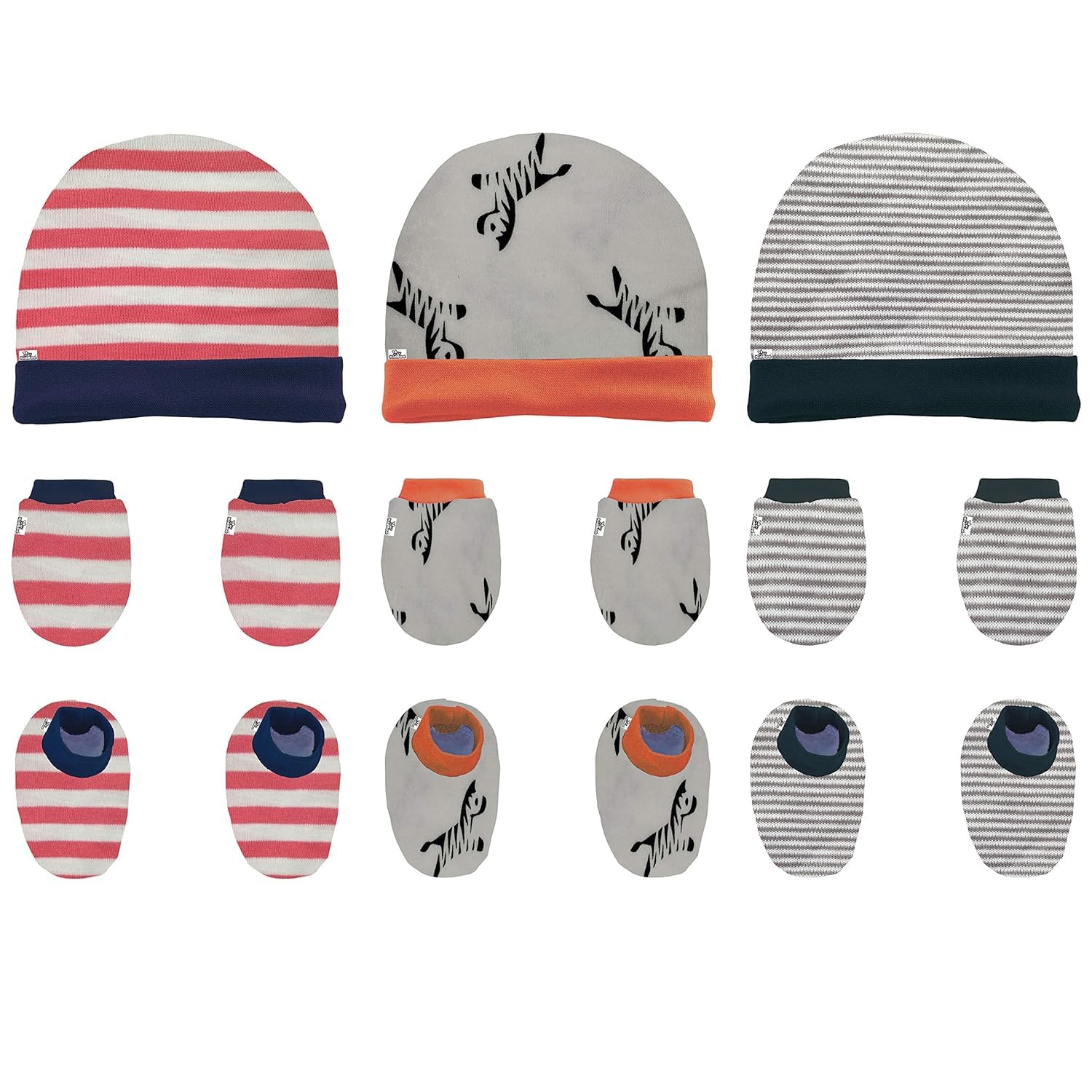 Mini Berry Cotton Booties Mittens And Caps Combo Super Soft For New Born Baby Boys And Baby Girls (Multicolor (Pack Of 3), 03 M