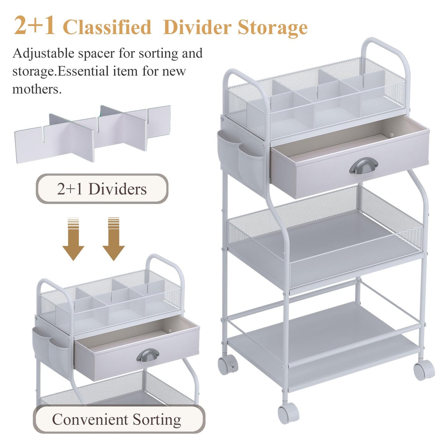 Baby Diaper Caddy Cart Organizer -3 Tier, Bedside Nursery Essentials Cart & Storage Holder For Newborn Baby Stuff, 2+1 Dividers,