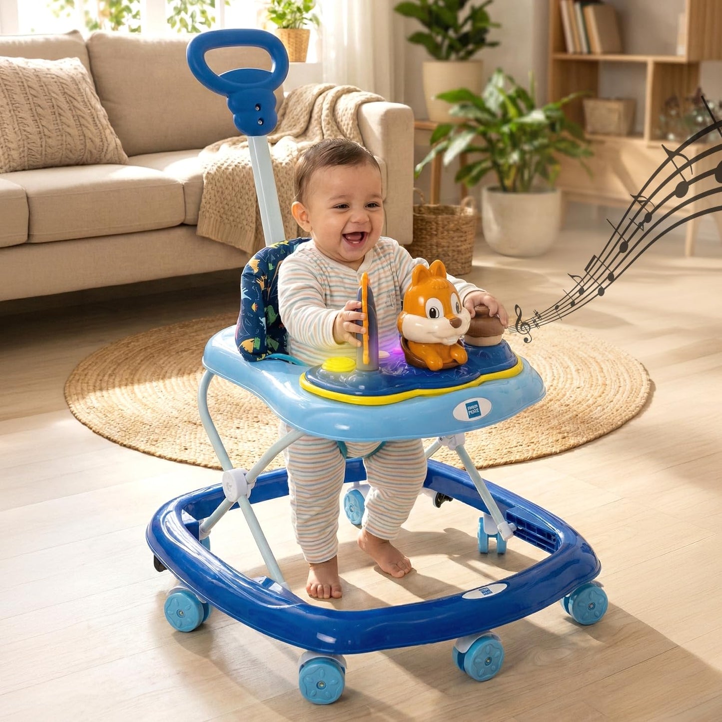 Mee Mee 360 Baby Activity Walker | 3 Level Adjustable Height, Foot Mat, Musical Detachable Toy Bar | Parental Push Handle, Anti