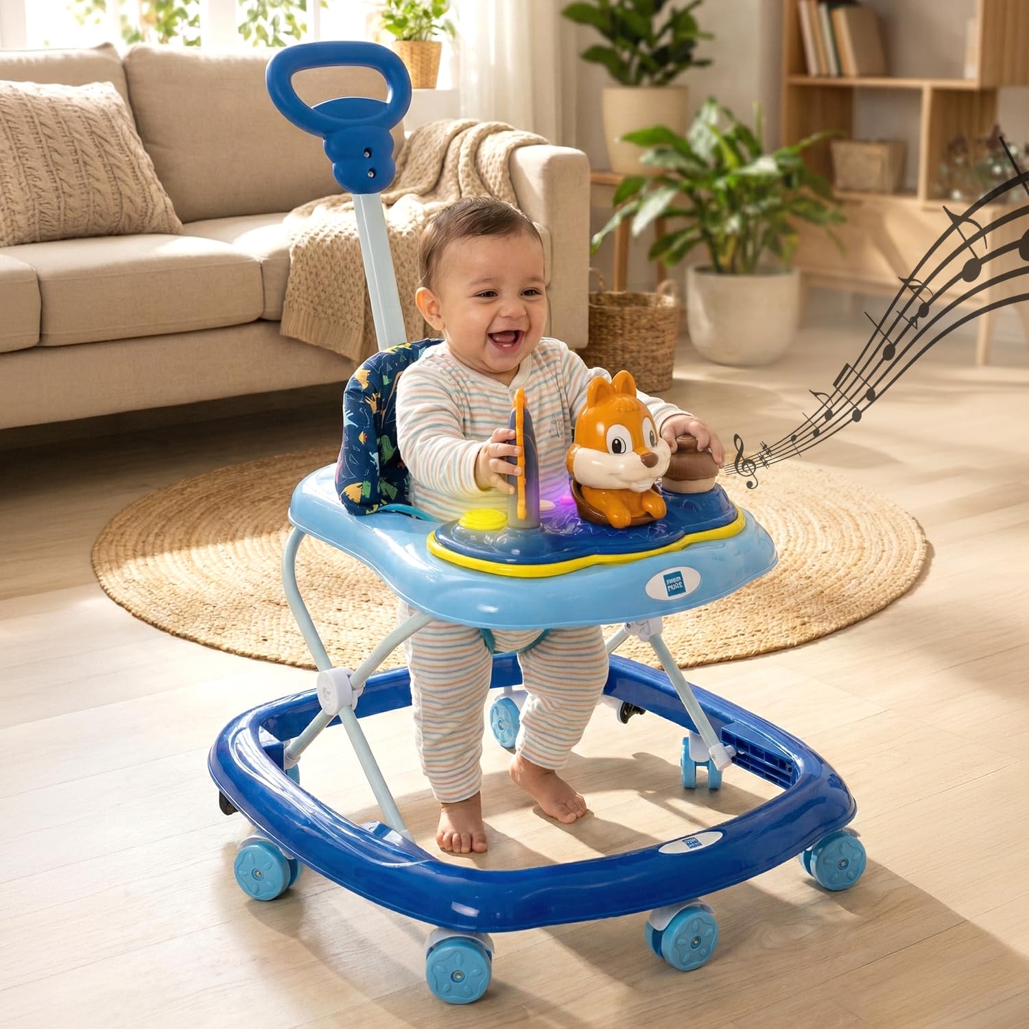 Mee Mee 360 Baby Activity Walker | 3 Level Adjustable Height, Foot Mat, Musical Detachable Toy Bar | Parental Push Handle, Anti