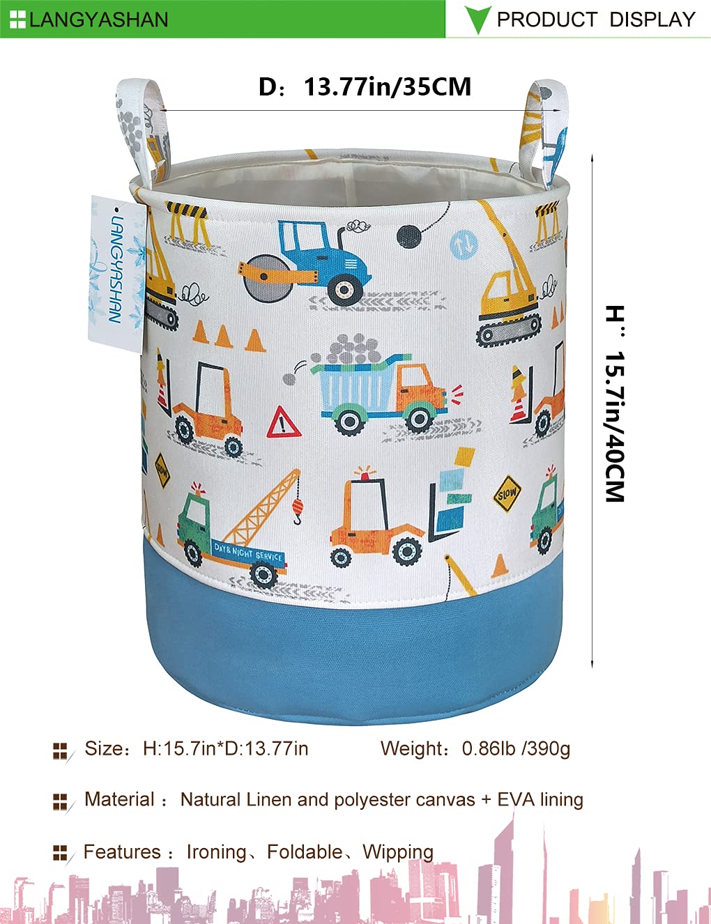 Langyashan Laundry Basket Cotton Collapsible Organizer Storage Basket For Boys Girls Laundry Hamper Toy Bins Gift Baskets Bedroo