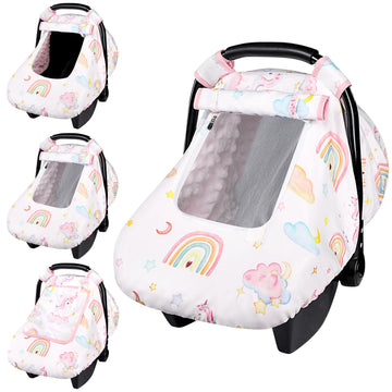 Baby Carseat Cover Girls, Pea Pod Unicorn Infant Car Seat Covers Canopy for Newborn with 2 Layers Windows of Breathable Mesh/Fab