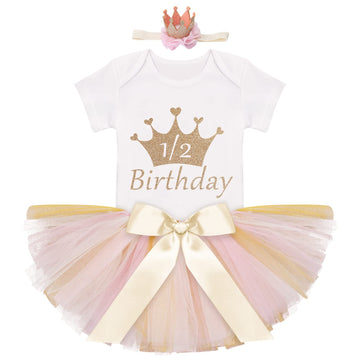 My 1/2 1St Birthday Outfit Baby Girls Shiny Crown Romper + Ruffle Tulle Skirt + Sequins Crown Flower Headband Glitter Party Dres
