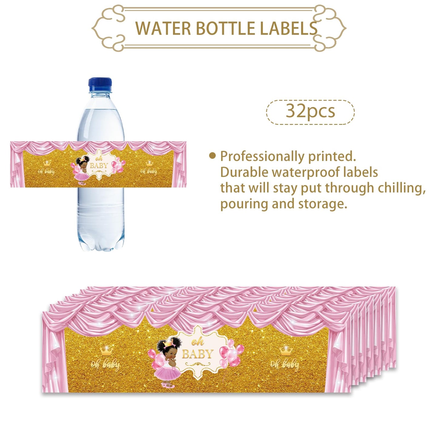 Rostyakz 32Pcs Gold Glitter Pink Water Bottle Labels, Gender Reveal & 1St Birthday Bottle Stickers, Labels For Baby Shower