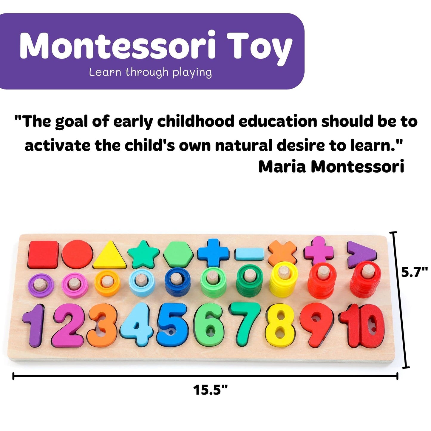 GeroCrew Wooden Montessori Toys for Kids Toddler Number Puzzles Sorter Counting Shape Stacker Stacking Game Preschool Toys for B