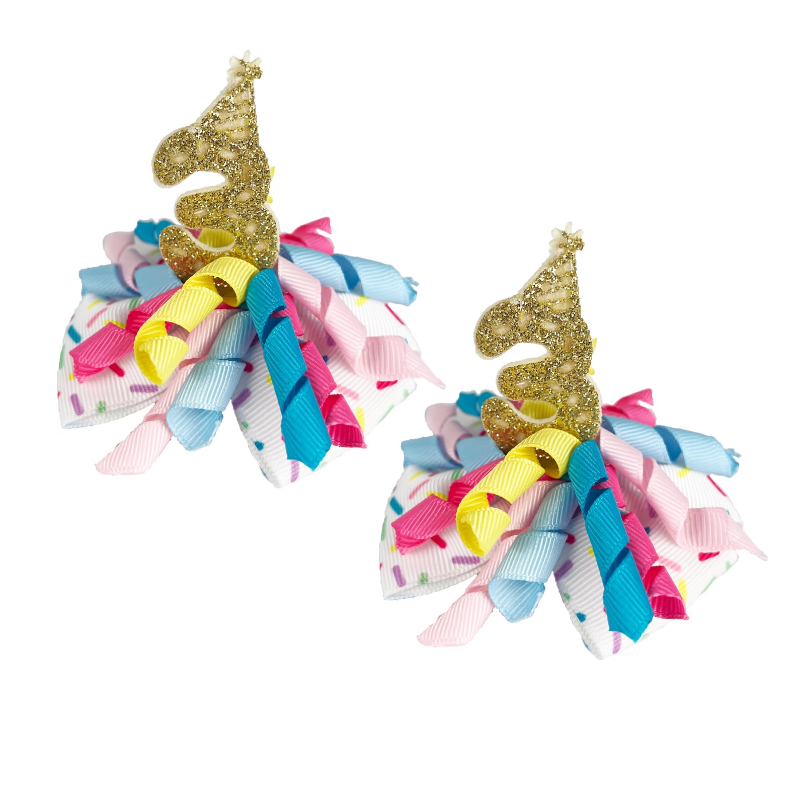 Birthday Hair Clips For Baby Girls - 2Pc Curly Ribbon With Gold Number Bow Hair Clips For 3Rd Birthday Baby Bow Party Decoration