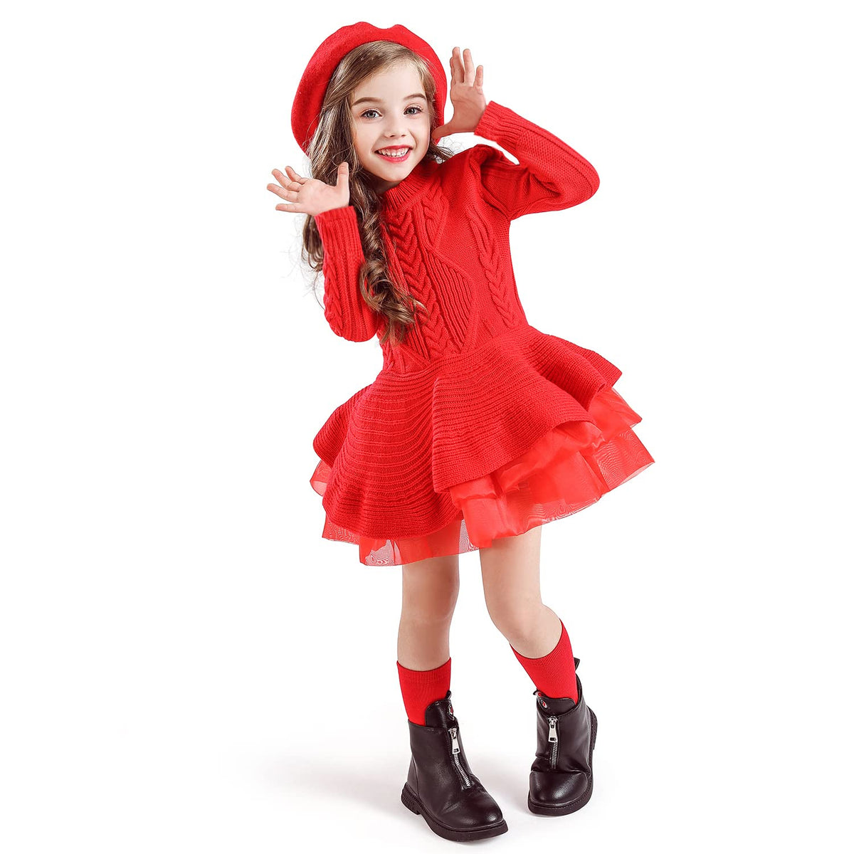TTYAOVO Girls Knit Longsleeve Lace Flower Tulle Layered Princess Party Dresses Size(140) 67 Years Pink