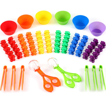 74 Pieces Counting Sorting Bears Fine Motor Skills Handy Scoopers Set Includes 60 Cute Rainbow Sorting Bears, 6 Jumbo Tweezers, 