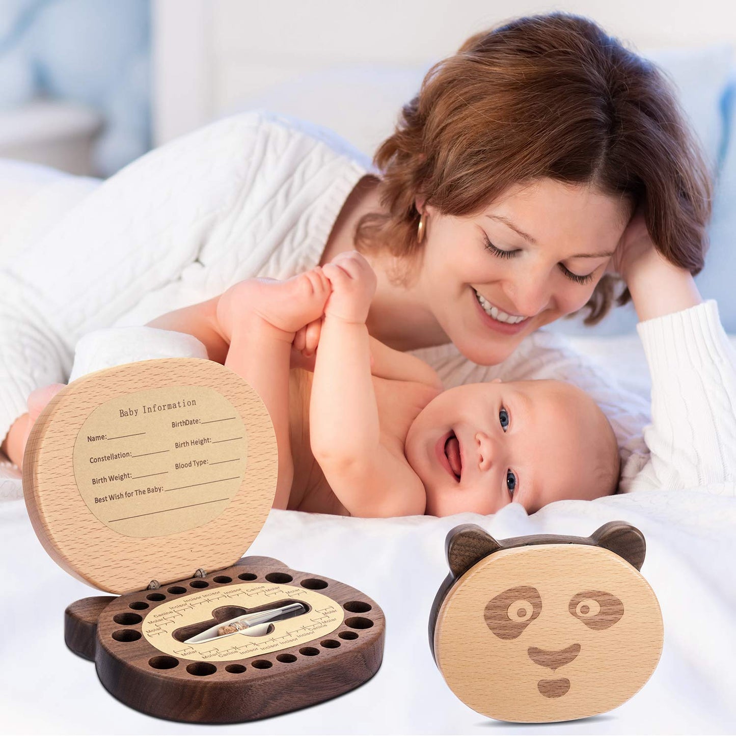 Ahfulife Baby Tooth Keepsake Fairy Box Holder With Lanugo Bottle, Wooden Panda Shape Keepsake Box For First Lost Teeth, Cute Too