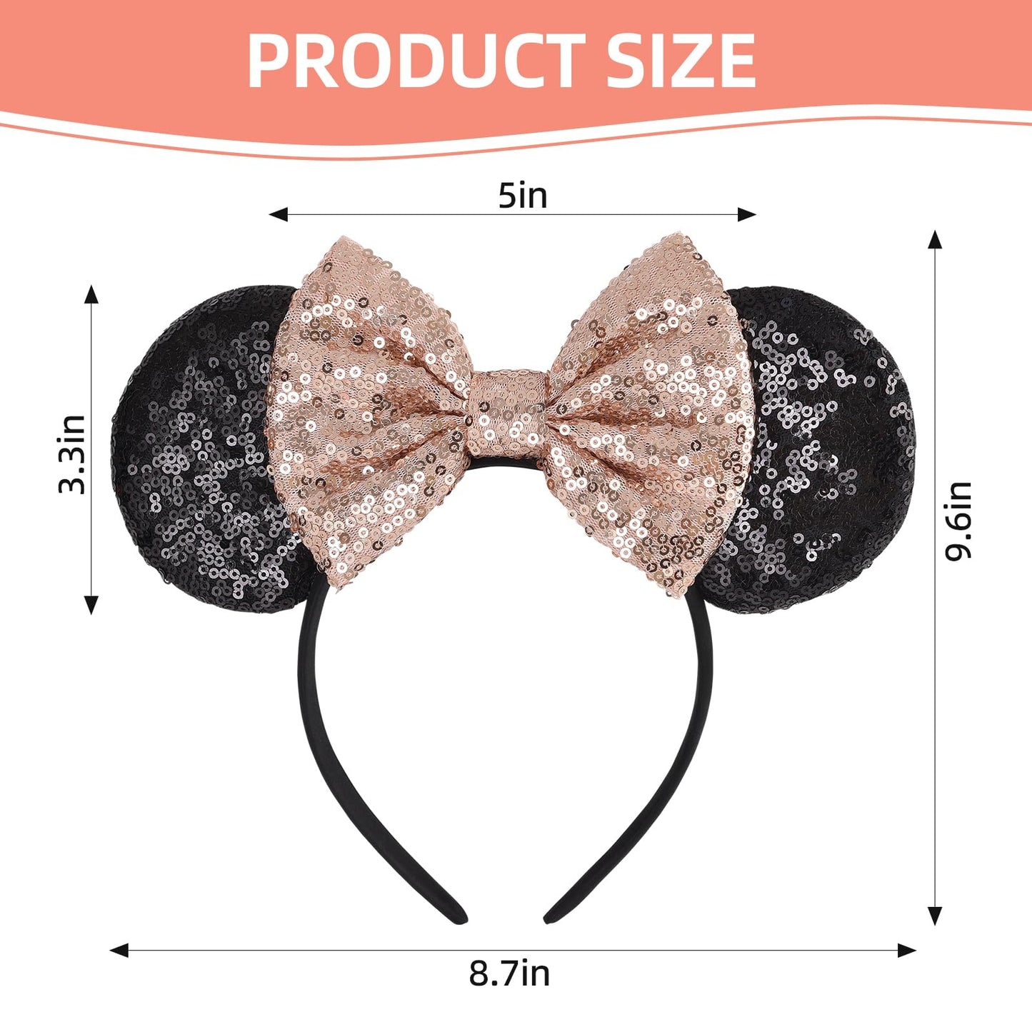 Seamoy Sequin Rose Gold Minnie Ears Headband, Mouse Ears Headband With Bow, Park Ears Princess, Sparkle Classic Red Mice Ears Bo