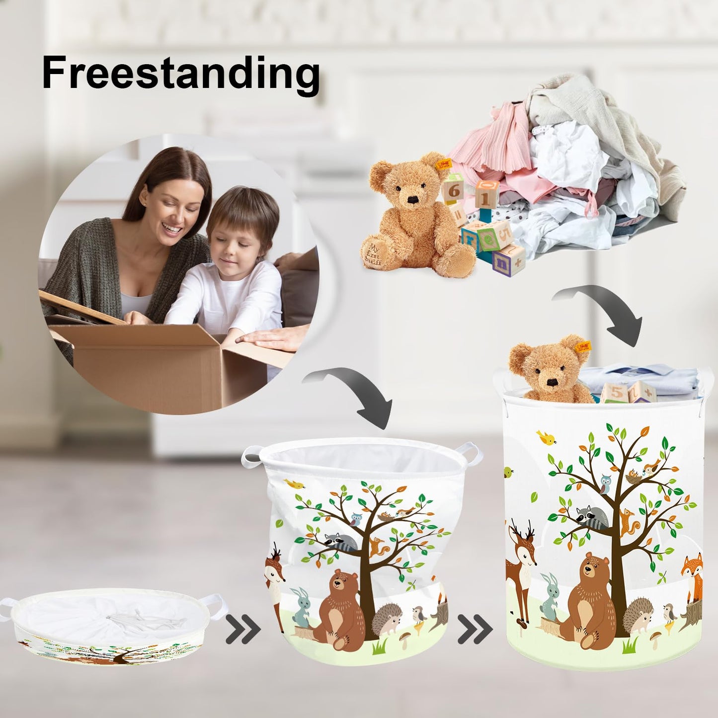 Clastyle 63L Large Woodland Animal Tree Kid Laundry Hamper With Handle For Boy Girl Collapsible Clothes Toy Storage Basket With